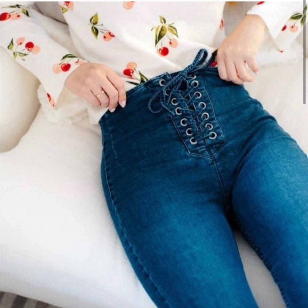 Free People Women’s High Rise Lace Up Skinny Jeans